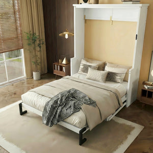 English Elm Queen Murphy Wall Bed with Integrated Desk Gas Strut Lift White Cabinet for Small Spaces W504S00282