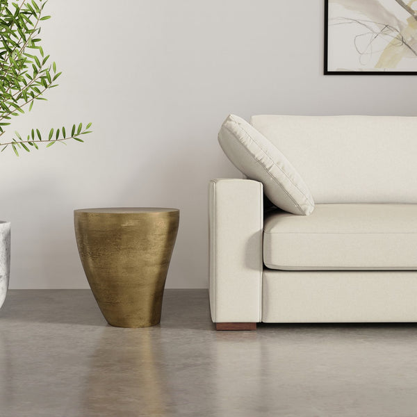 English Elm Cavan Cast Aluminum Side Table in Antique Brass — Handcrafted Asymmetrical Drum Accent Table, 21.75" B136P239036