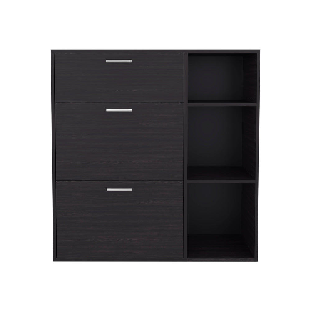 English Elm Sierra Wenge Shoe Cabinet with 2 Tilt-Outs, Top Drawer & 3 Open Side Shelves – Vertical Storage, Scratch-Resistant Finish B128P375277