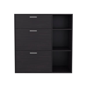 English Elm Sierra Wenge Shoe Cabinet with 2 Tilt-Outs, Top Drawer & 3 Open Side Shelves – Vertical Storage, Scratch-Resistant Finish B128P375277