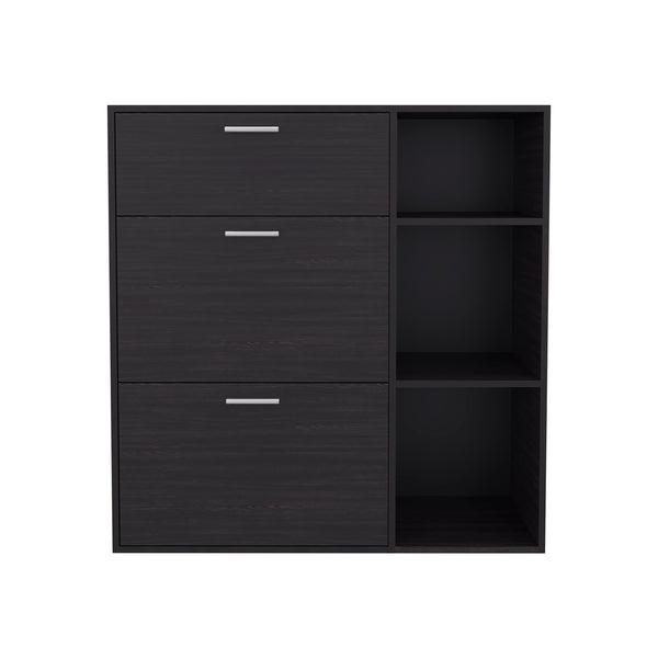 English Elm Sierra Wenge Shoe Cabinet with 2 Tilt-Outs, Top Drawer & 3 Open Side Shelves – Vertical Storage, Scratch-Resistant Finish B128P375277