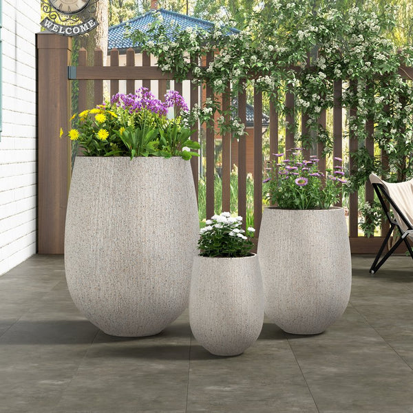 English Elm U_style Set of 3 Egg Shaped Mgo Stone Look Planters with Drainage Patio Garden N711P406659E
