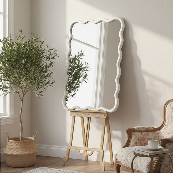 English Elm White 24"x36" Wavy Rectangle Solid Wood Frame Mirror - Elegant Bohemian Design, Tempered Glass Clarity W2203P389034