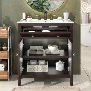 English Elm Christopher Knight Home® - 30" Bathroom Vanity with Ceramic Sink, Solid Wood Legs, Adjustable Shelf, Tip-Out Tray, Soft-Close Hinges, Silver Knobs, Moisture-Resistant Finish Dark Brown N817P286250D