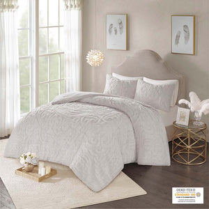 JLA Home Madison Park - 3-Piece Laetitia Tufted Cotton Chenille Medallion Comforter Set – Boho Shabby-Chic Texture, OEKO-TEX Certified Cozy Bedding Grey MP10-5881