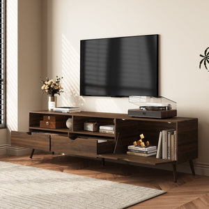 English Elm Mid Century TV Stand Natural Wood Grain with Drop-Down Door, 2 Drawers & 4 Cabinets, Cable-Managed Storage (Fits TVs up to 80") N710P295758P