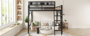English Elm Queen Size Metal Loft Bed with Ladder and Built-In Storage Shelves, High Durable Black Frame, 400LB Capacity W2580P316650