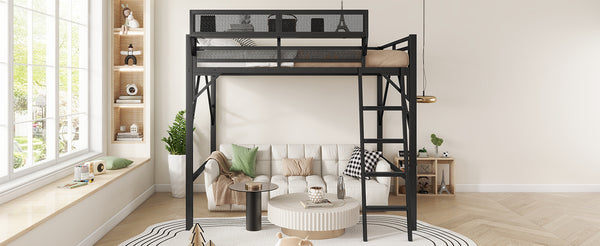 English Elm Queen Size Metal Loft Bed with Ladder and Built-In Storage Shelves, High Durable Black Frame, 400LB Capacity W2580P316650