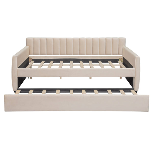 English Elm Full Size Velvet Upholstered Daybed with Pull Out Trundle and Wood Slat Support Beige LP100121AAA