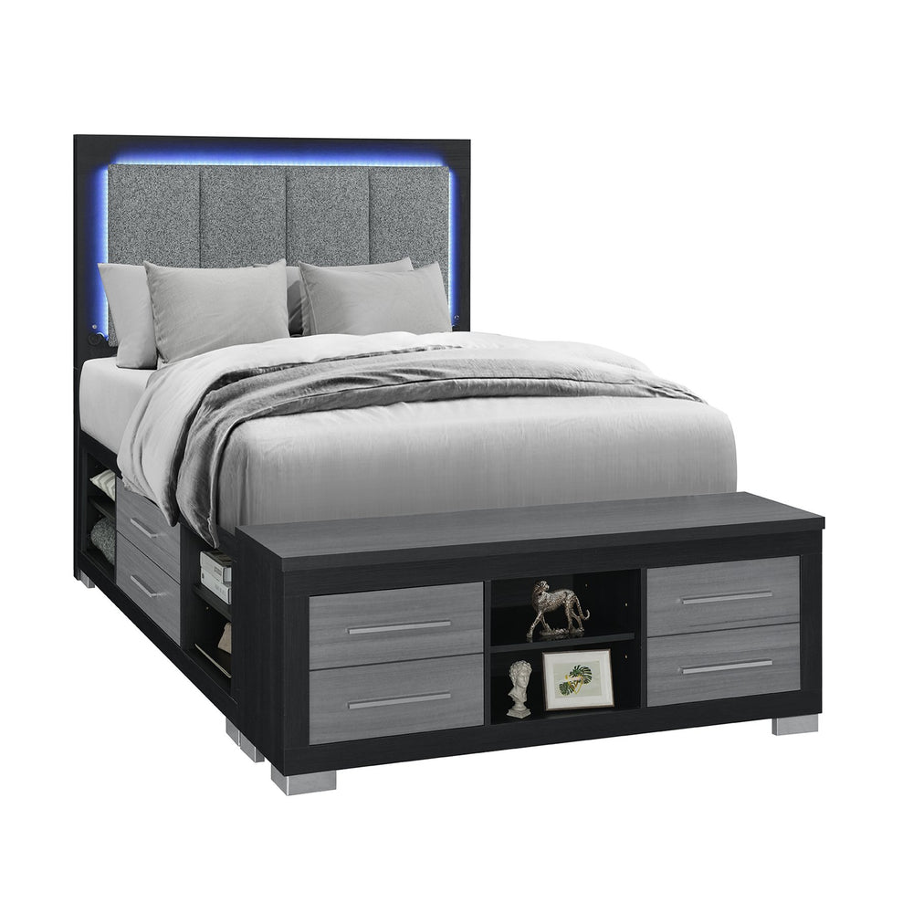 English Elm Elsa Full Storage Bed with Led Headboard Bookcase Rails and Upholstered Panel Frame B201S00495