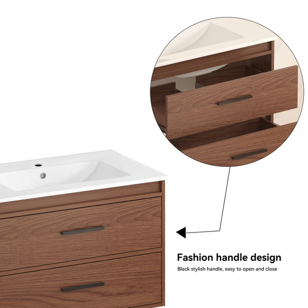 English Elm 30" Wall Mounted Bathroom Vanity Reddish Brown Mdf Two Soft Close Drawer Ceramic Sink W3133S00021