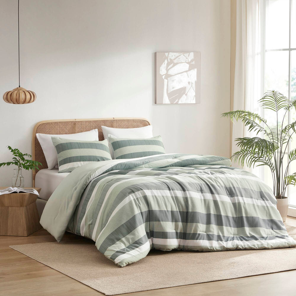 JLA Home Regency Heights - Stripe Seersucker Comforter Set with Reversible Striped and Botanical Prints, Lightweight Oeko-Tex Certified Sage RH10-0014