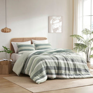 JLA Home Regency Heights - Stripe Textured Seersucker Comforter Set with Reversible Stripe & Botanical Prints, Oeko-Tex Certified Sage RH10-0015