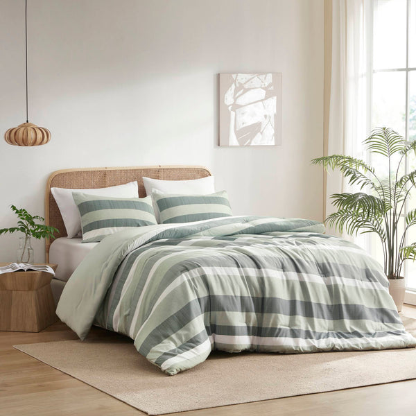 JLA Home Regency Heights - Stripe Textured Seersucker Comforter Set with Reversible Stripe & Botanical Prints, Oeko-Tex Certified Sage RH10-0015