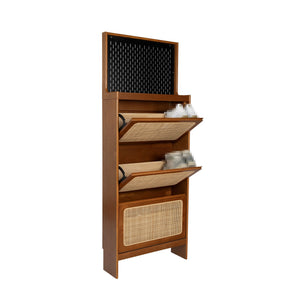 English Elm Rattan Narrow Shoe Cabinet with 3 Flip Drawers, Black Pegboard & Top Organizer — Slim 65"H Storage W1801P172870
