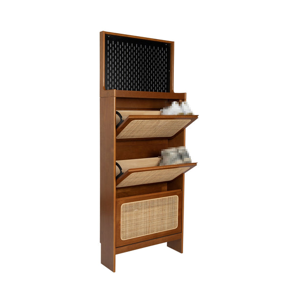 English Elm Rattan Narrow Shoe Cabinet with 3 Flip Drawers, Black Pegboard & Top Organizer — Slim 65"H Storage W1801P172870