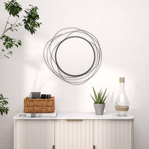 English Elm HOMCOM Round Metal Wall Mirror with Asymmetrical Frame, Thick Glass Reflective Art for Living Room Bedroom Dining Room Black W2225P217275