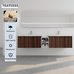 English Elm 84 Inch Wall Mounted Vanity with Dual Resin Sinks, Soft Close Doors, Metal Handles, Ample Storage Space California Walnut W999S00191