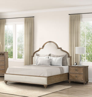 English Elm Rustic Oak 3-Piece Eastern King Bed Set With Upholstered Headboard & Nightstands - Timeless Elegance B2741S00418-GIGA