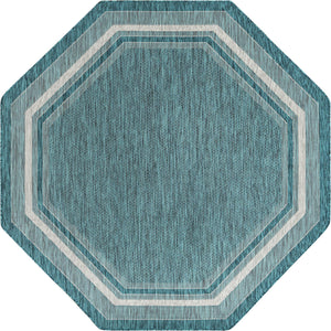 Unique Loom Outdoor Border Soft Border Machine Made Border Rug Teal, Ivory/Gray 7' 10" x 7' 10"