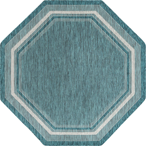 Unique Loom Outdoor Border Soft Border Machine Made Border Rug Teal, Ivory/Gray 7' 10" x 7' 10"