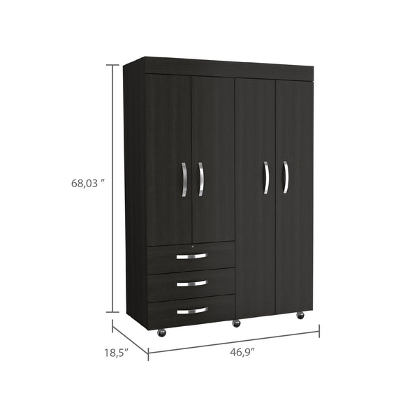 English Elm Janeiro Black Armoire 68" High – Compact Engineered Wood Closet with 3 Drawers, 2 Cabinets, Hidden Drawer and Shelves B128S00096