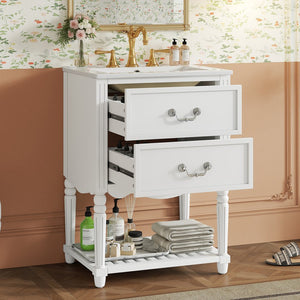 English Elm 24'' Vintage Bathroom Vanity with Ceramic Sink Soft Close Drawers Open Shelf White N710P411237K