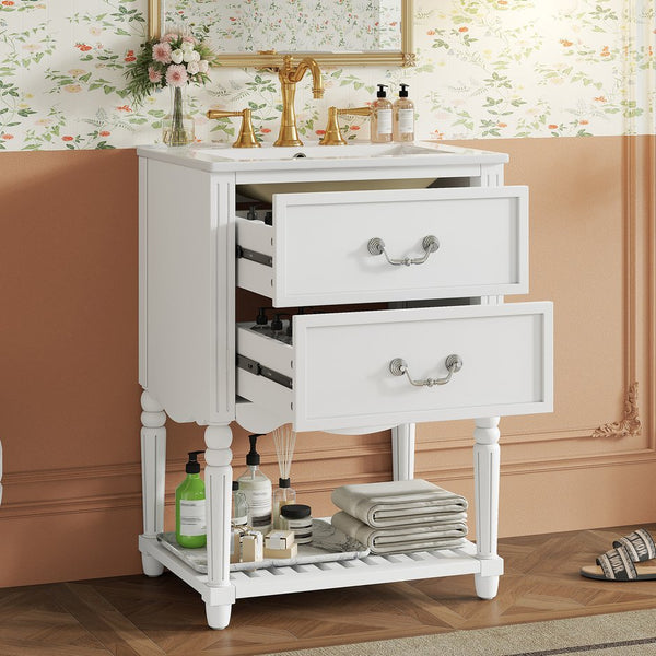 English Elm 24'' Vintage Bathroom Vanity with Ceramic Sink Soft Close Drawers Open Shelf White N710P411237K