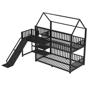 English Elm Full Metal House Bunk Bed with Slide Storage Stairs and Safety Rails for Kids W1580S00344