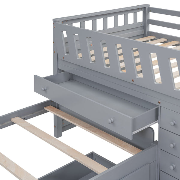 English Elm L-shaped Twin Loft Platform Bed with 7 Drawers Full Guardrails Kids White Pine LT000853AAE