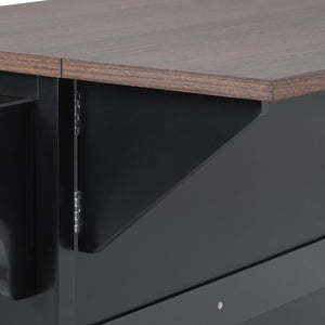 English Elm K&K 54.9" Farmhouse Kitchen Island Cart with Drop Leaf, Charging Station, Barn Doors & Glass Pane Black N707P300277B