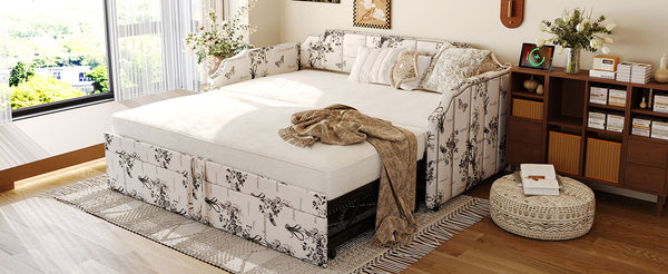 English Elm Twin Linen Upholstered Daybed with Pop up Trundle and Built in Usb Charging White Tossed Botanical SF000199AAZ