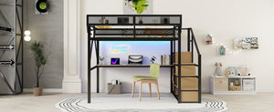 English Elm Queen Loft Bed With Integrated Desk, Wardrobe & Charging Station For Kids & Teens - Black Metal Style W2580S00044-GIGA