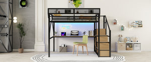 English Elm Queen Metal Loft Bed with Desk Stairs Rgb Lighting and Built-in Charging Station W2580S00053
