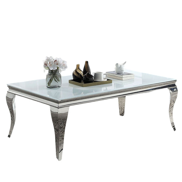 English Elm Glam Stainless Steel Coffee Table with Beveled Tempered Glass Top and Elegant Cabriole-Style Legs Silver,White 55 L x 30 W x 4 H B011S01176