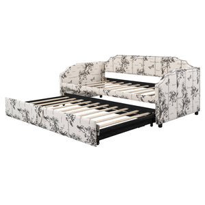 English Elm Twin Linen Upholstered Daybed with Pop up Trundle and Built in Usb Charging White Tossed Botanical SF000199AAZ