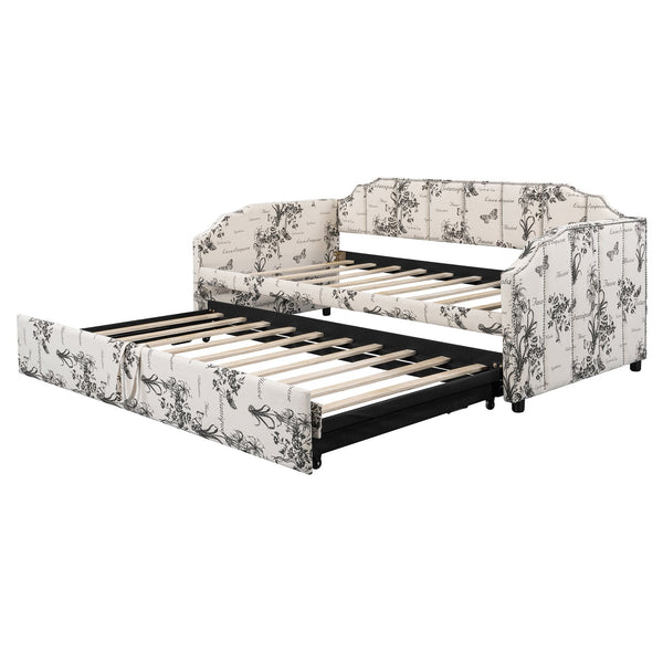 English Elm Twin Linen Upholstered Daybed with Pop up Trundle and Built in Usb Charging White Tossed Botanical SF000199AAZ