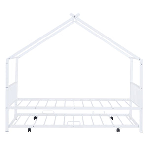 English Elm Twin House Metal Platform Bed with Trundle for Kids — Sturdy 350lb Capacity, Playful Loft Frame Design White MF323494AAK