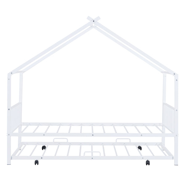 English Elm Twin House Metal Platform Bed with Trundle for Kids — Sturdy 350lb Capacity, Playful Loft Frame Design White MF323494AAK