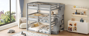 English Elm Full Size Triple Bunk Bed Solid Pine Frame with Storage Staircase Separate Convertible Design Gray N7090000477E
