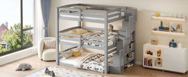 English Elm Full Size Triple Bunk Bed Solid Pine Frame with Storage Staircase Separate Convertible Design Gray N7090000477E