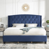 English Elm Summit Fabric Button Tufted Wingback Upholstered Bed With Nail Head Trim, Blue