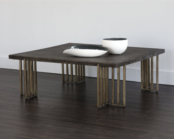 Sunpan Alto Coffee Table - Distressed Oak with Antique Brass Legs, Classic Style for Modern Living Spaces