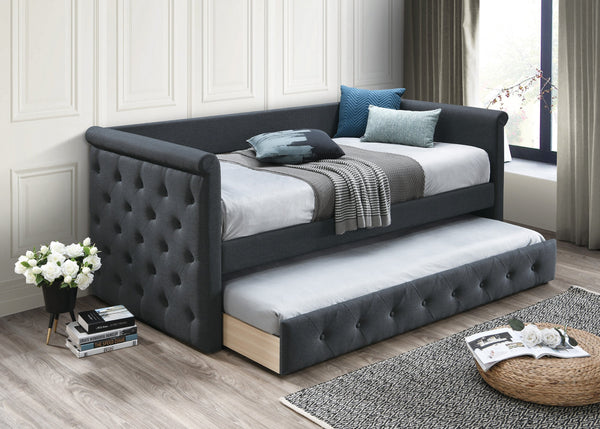 English Elm 1pc Button Tufted Burlap Daybed with Pull Out Trundle Contemporary Guest Room B011S02045