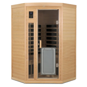 English Elm Low Emf Two Person Far Infrared Corner Sauna in Hemlock Wood with Glass Door Panel W632S00027