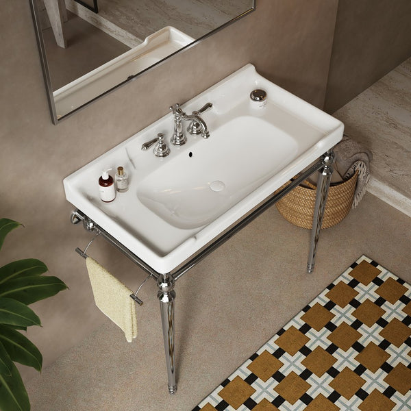 English Elm VICI 36" Bathroom Console Sink with Integrated Ceramic Basin, 3-Hole Faucet, Stainless Legs & Towel Bar Chrome,White W2615S00118