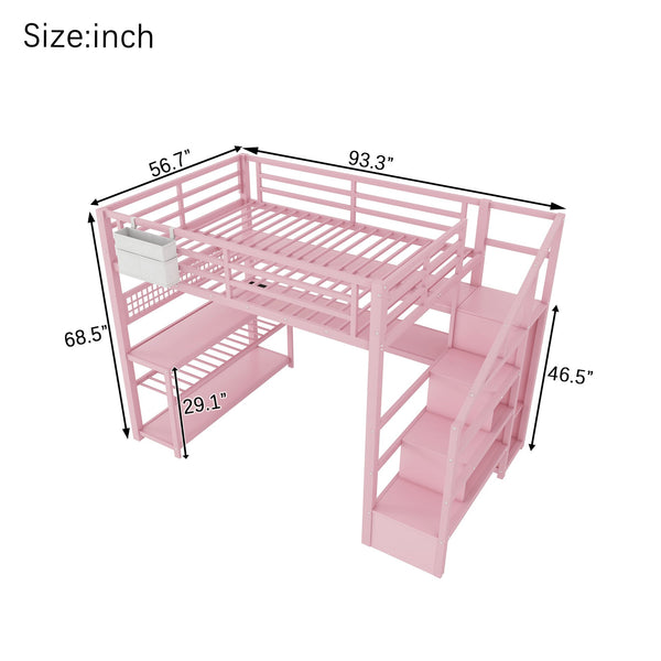 English Elm Full Size Steel Loft Bed with Staircase Storage Wardrobe Desk and Led Lighting Pink W2593S00077