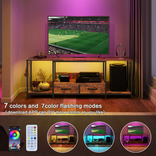 English Elm There TV Stand with LED Lights, Power Outlets & 2 Fabric Drawers for 55-75" TVs, App-Controlled Ambience and Ample Storage Light Brown Multi W2977P224347