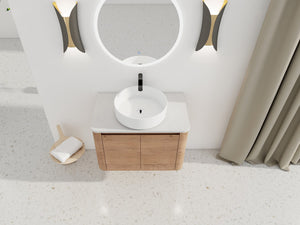 English Elm 30'' Wall-Mounted Bathroom Vanity With Ceramic Vessel Sink & Soft-Close Doors For Modern Spaces W999S00387