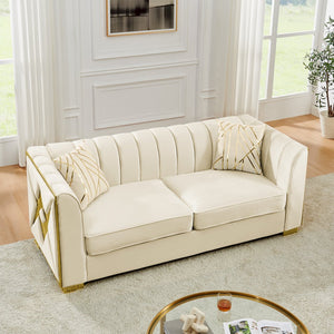English Elm 81" Tufted Velvet Chesterfield Sofa with Gold Steel Legs for Elegant Living Rooms Beige W1191S00062